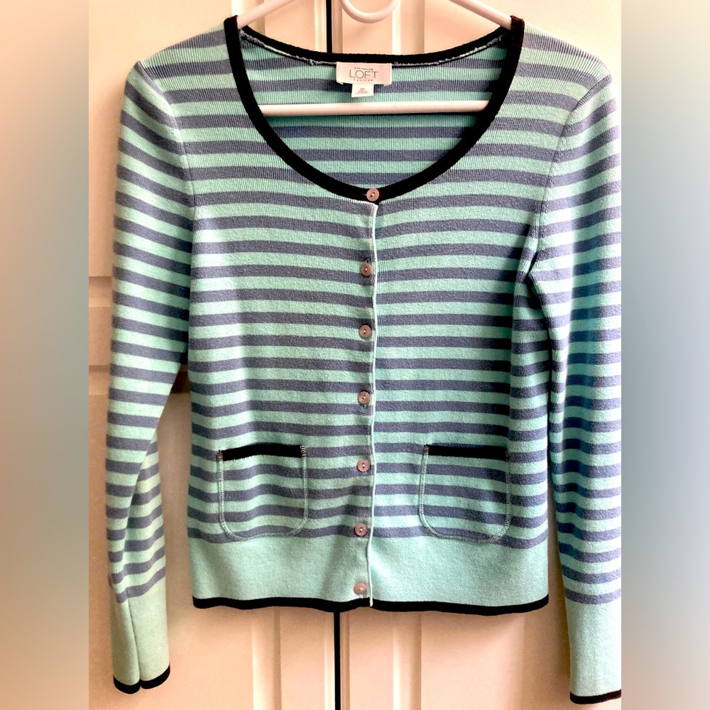 LOFT-Ann Taylor cardigan, cotton, preppy, striped with black trim, patch pockets